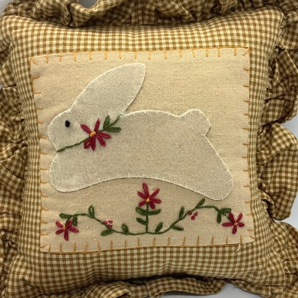 Home Collections By Raghu Easter Pillow Rabbit Floral Embroidery Button 12” - Picture 2 of 6